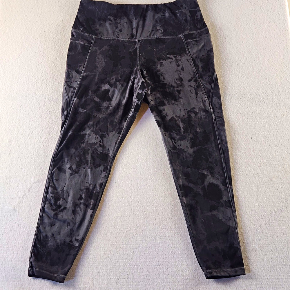 Danskin Women’s Tie Dye Ankle Leggings L Pockets 23in Inseam Gray/Black